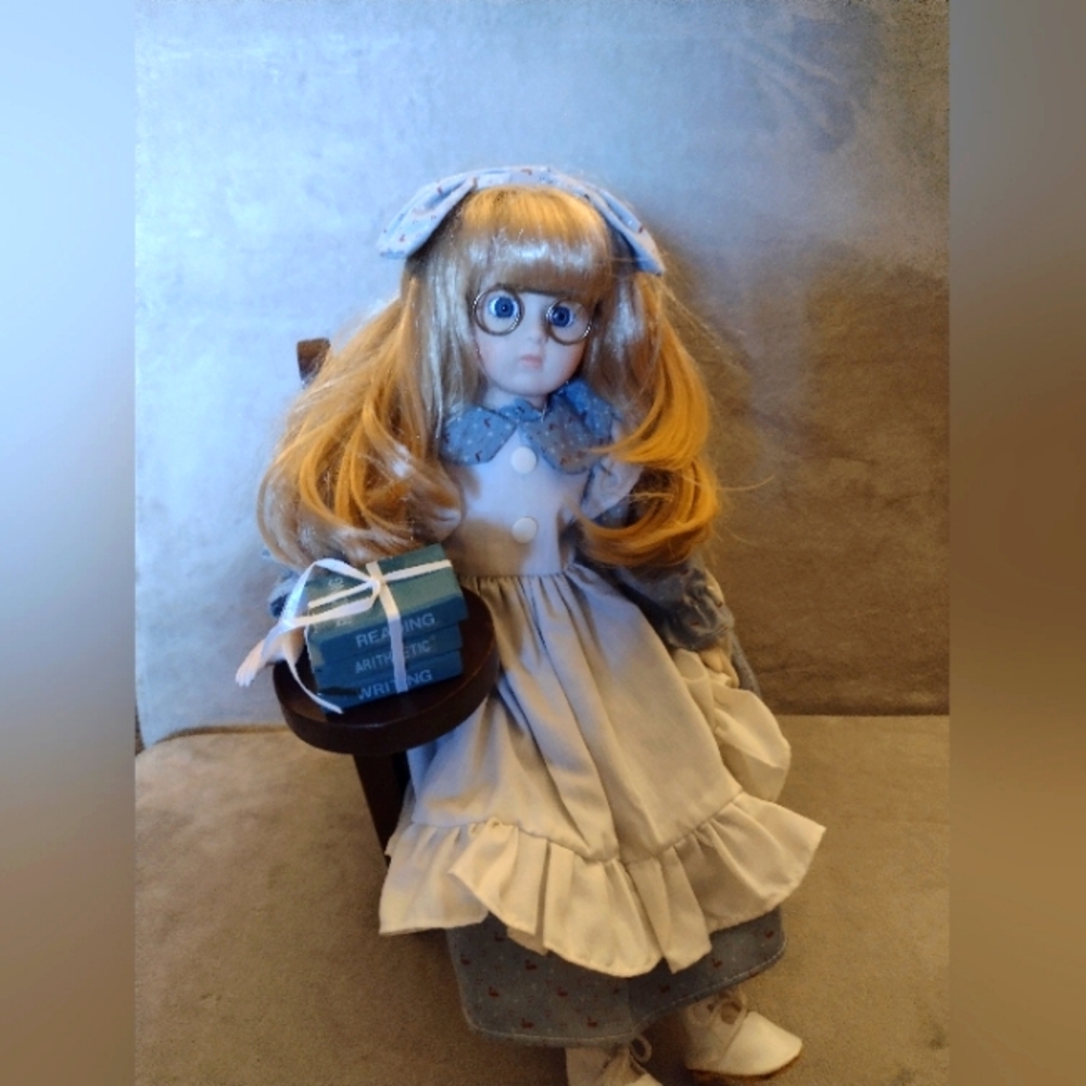 Vintage Porcelain Doll with Books on Desk, Set EUC